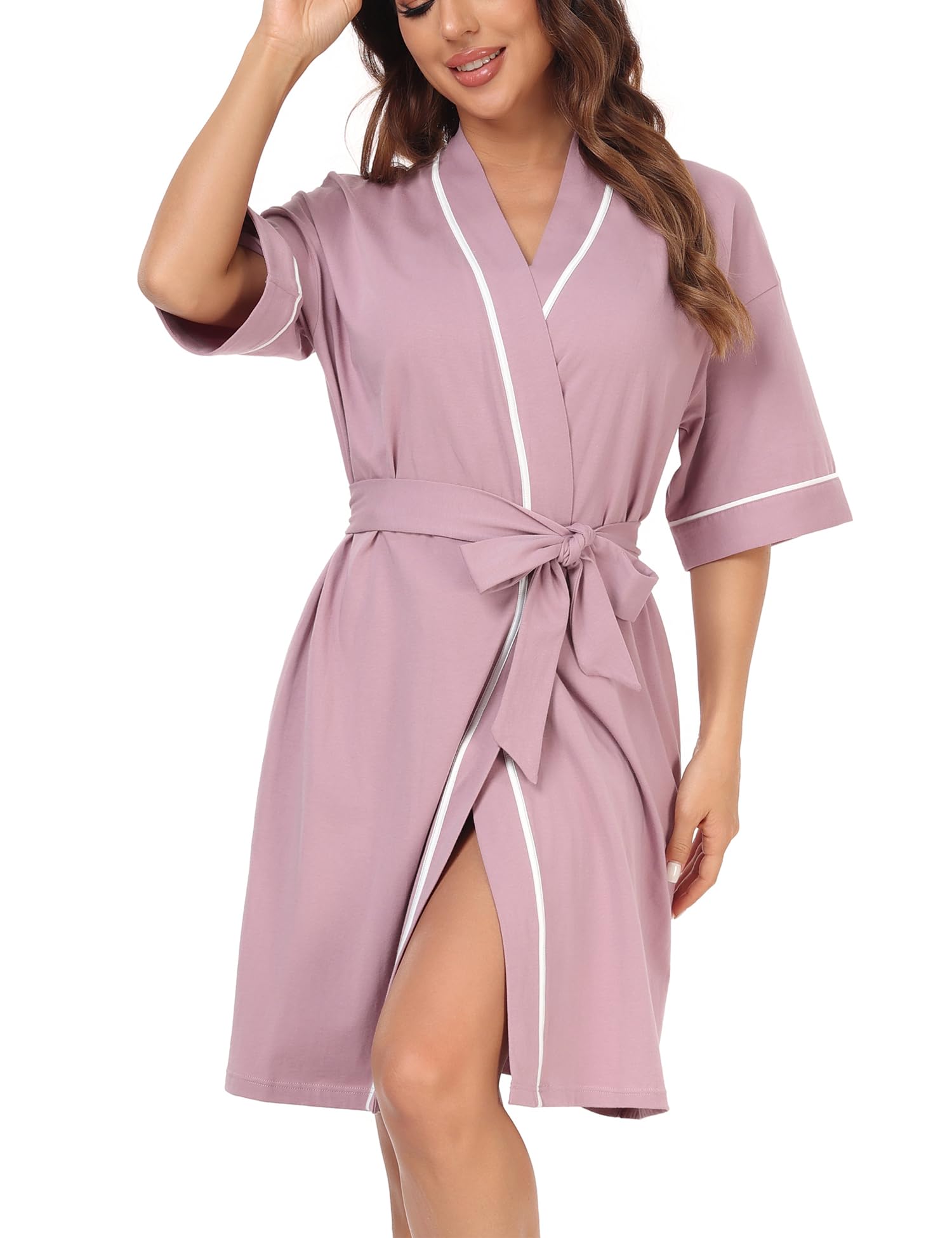 COLORFULLEAF Women's 100% Cotton Short Robes Summer Lightweight Kimono Robe Soft Spa Knit Bathrobe Sleepwear for Ladies