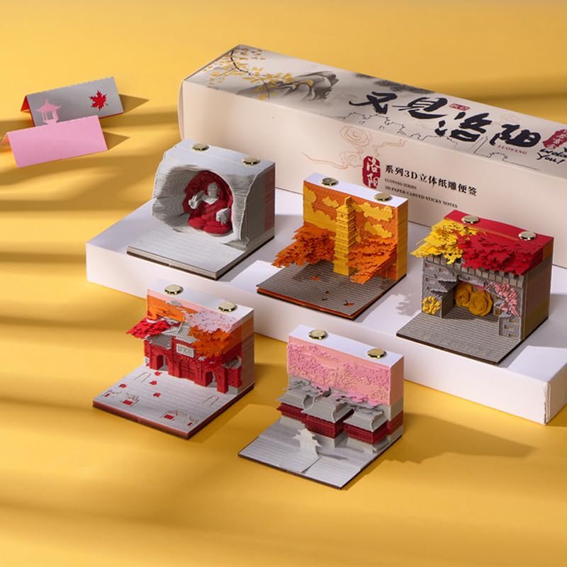 Buddhist Pagoda Tear-Off Notepad | Jiming Temple Laser-Carved Memo Cube | Zen Meditation Notebook for Desk Organization (Ming Dynasty Architecture)​ (Complete set (one each of 5 styles))