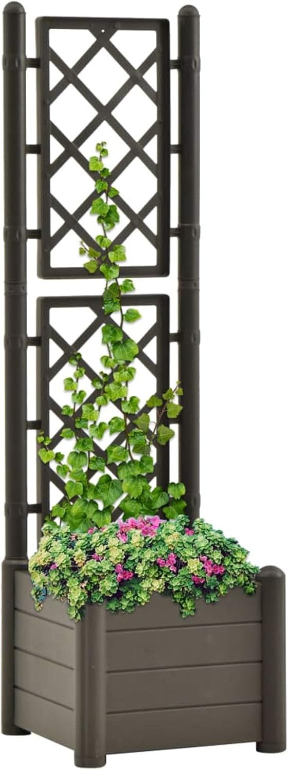 Kstyhome Jardinera con Enrejado, Jardineras Exterior, Celosias para Jardin, Maceteros, Jardinera Vertical, Jardinera con Celosia, PP Gris Antracita 43x43x142 cm