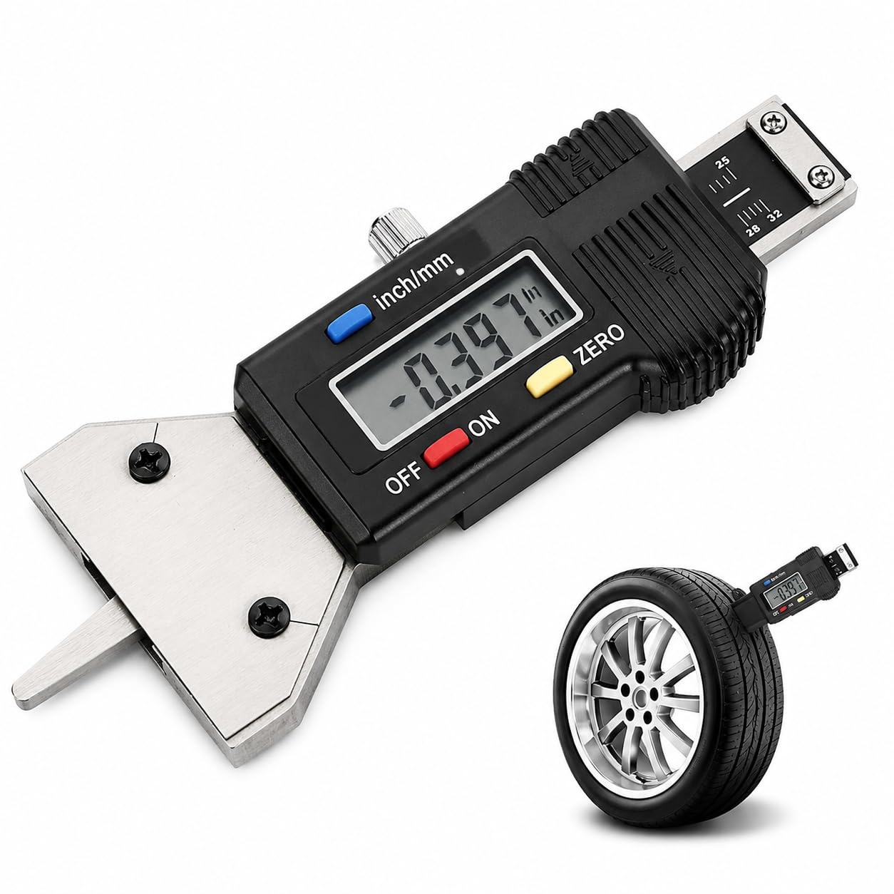 Calibro di Profondità del Battistrada Digitale per Pneumatici, Rilevamento Pneumatici 0-25 mm LCD Calibro di Profondità Digitale per Pneumatici Controllo della Profondità del Battistrada 0,01 mm Strum
