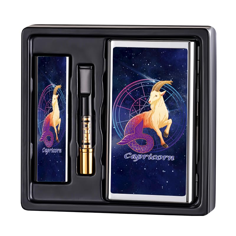 Metal Cigarette Case Double Sided Spring Clip Open Pocket Holder for Regular King and 100's Size Come with Cigarette Filter & Tungsten Wire Lighter 3 in 1 Luxury Set (Gemini)