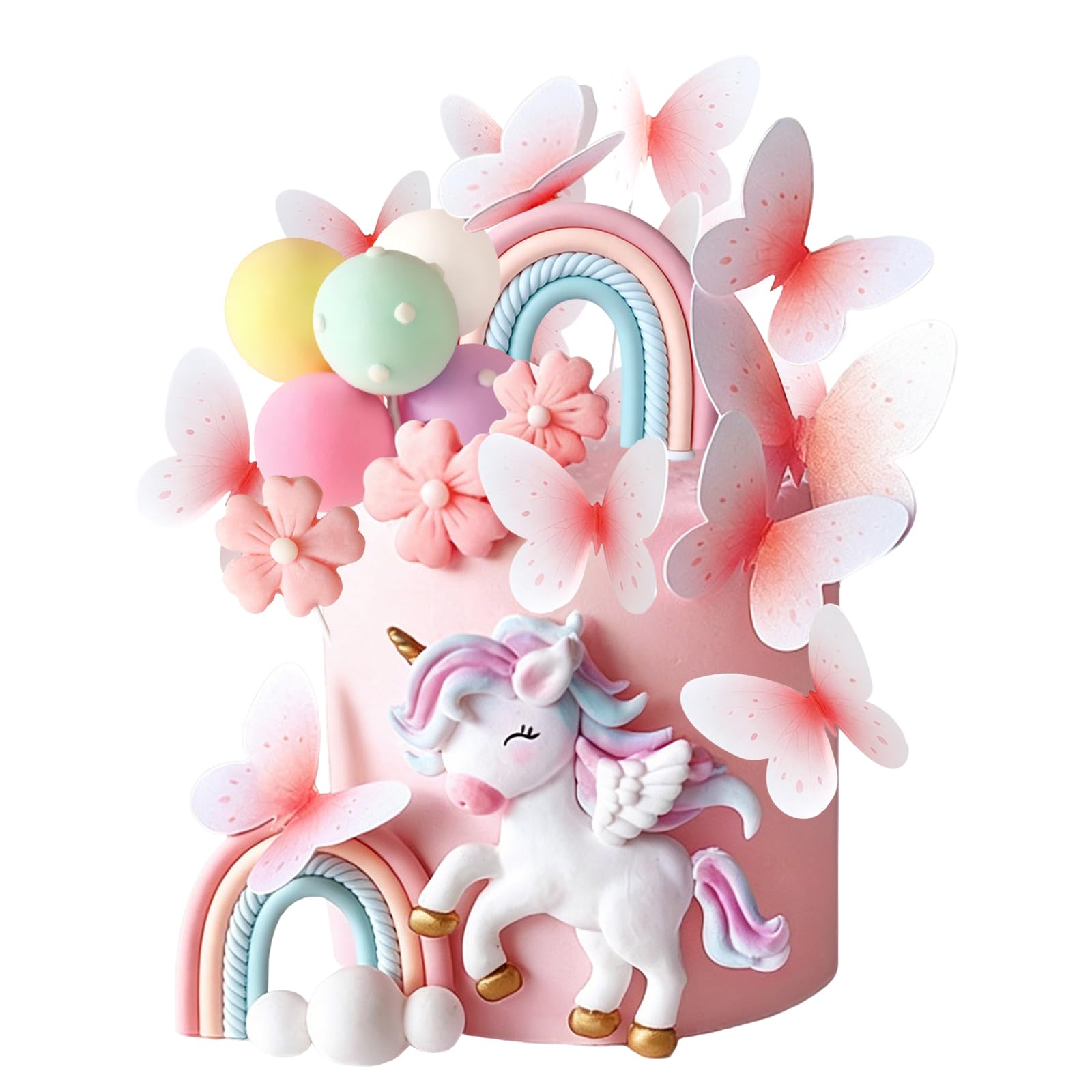 19pcs Unicorn Cake Toppers Set Cute Unicorn Cake Decorations Rainbow Cakes Topper Reusable For Birthday Party Theme Cake Decor Supplies (Pink and white)