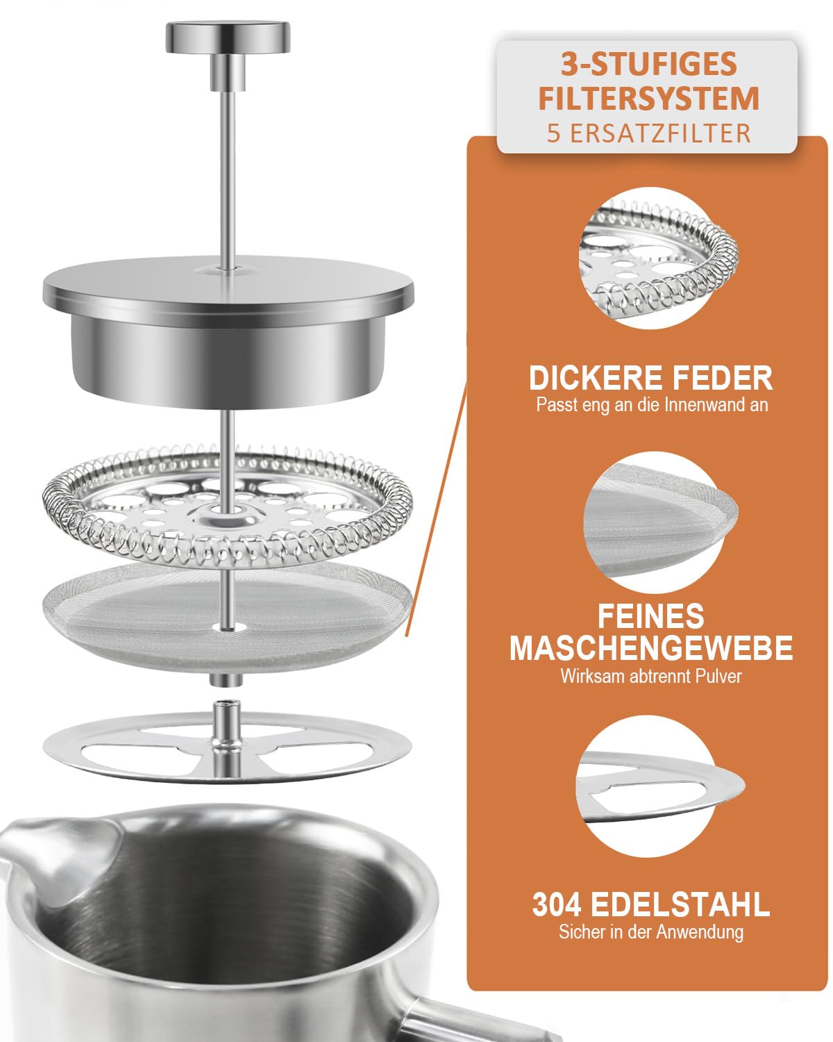 French Press Kaffeebereiter Edelstahl 350 ml/2Tassen, French Press Thermo, doppelwandig isoliert - 0,35 Liter