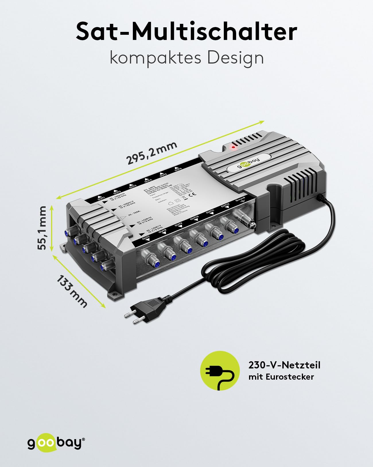 goobay 64875 Multiconmutador satélite/Multiconmutador Compacto / 5 entradas / 12 Salidas / 4K, 8K UHD/Dab+ / para 12 participantes