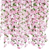 Nuenen 12 Pcs 92.5 FT Artificial Cherry Blossom Flower Vines Bulk Faux Cherry Hanging Garland Pink Flower Vines Silk Pinks Flowers Garland with Green Leaves for Party Decor(Light Pink)