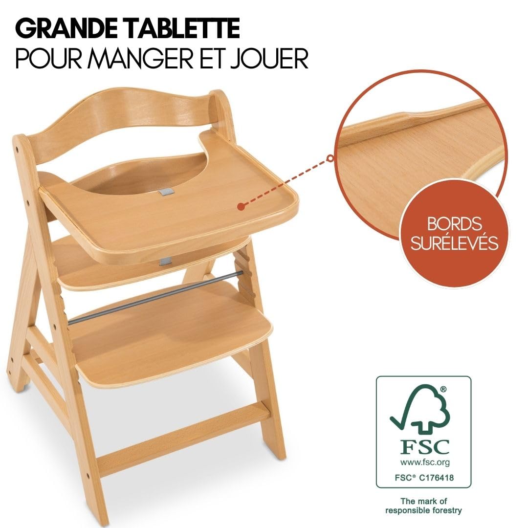 hauck Chaise Haute Bébé Evolutive en Bois Alpha Move Newborn Set avec Siège Nouveau-né Premium, Harnais 5 Points, dès Naissance, Roulettes, Coussin d'Assise et Tablette Repas - Naturel Gris Foncé