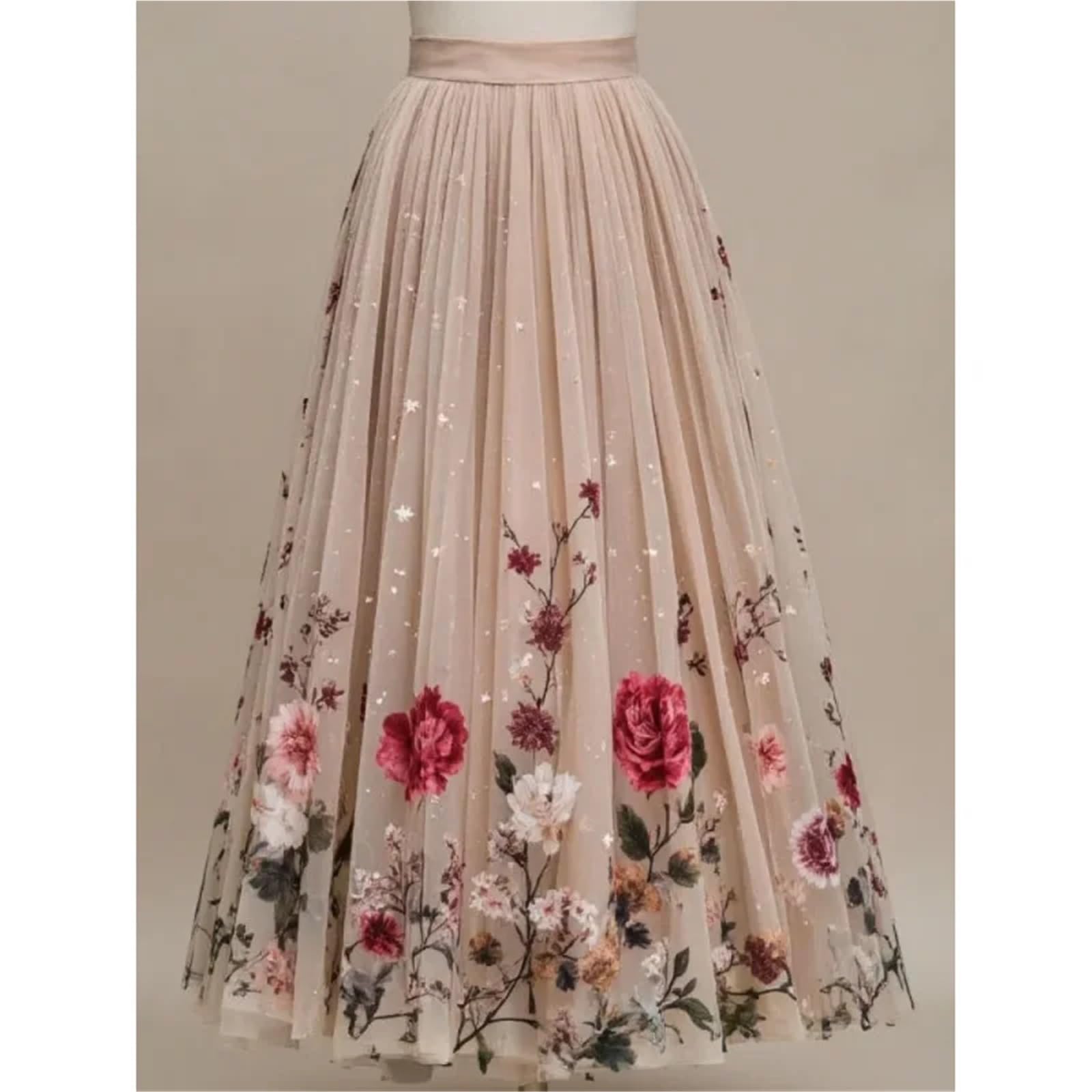 Gonna Ampia da Donna in Rete con Stampa Floreale, a Trapezio, a Vita Alta, di Media Lunghezza per Donna