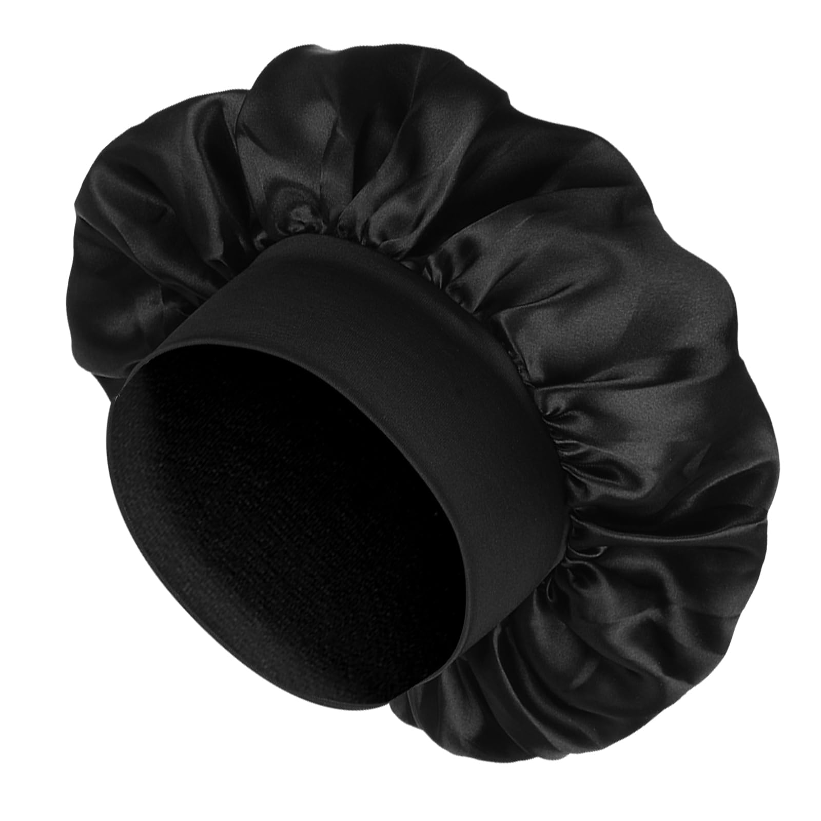 COMNICO Jedwabna czapka do spania, satynowa bonnet, dwuwarstwowy czepek jedwabny, czapka nocna, regulowana, dwustronna, szeroka miękka tasiemka, do kręconych włosów, jedwabny czepek, czarny, jeden