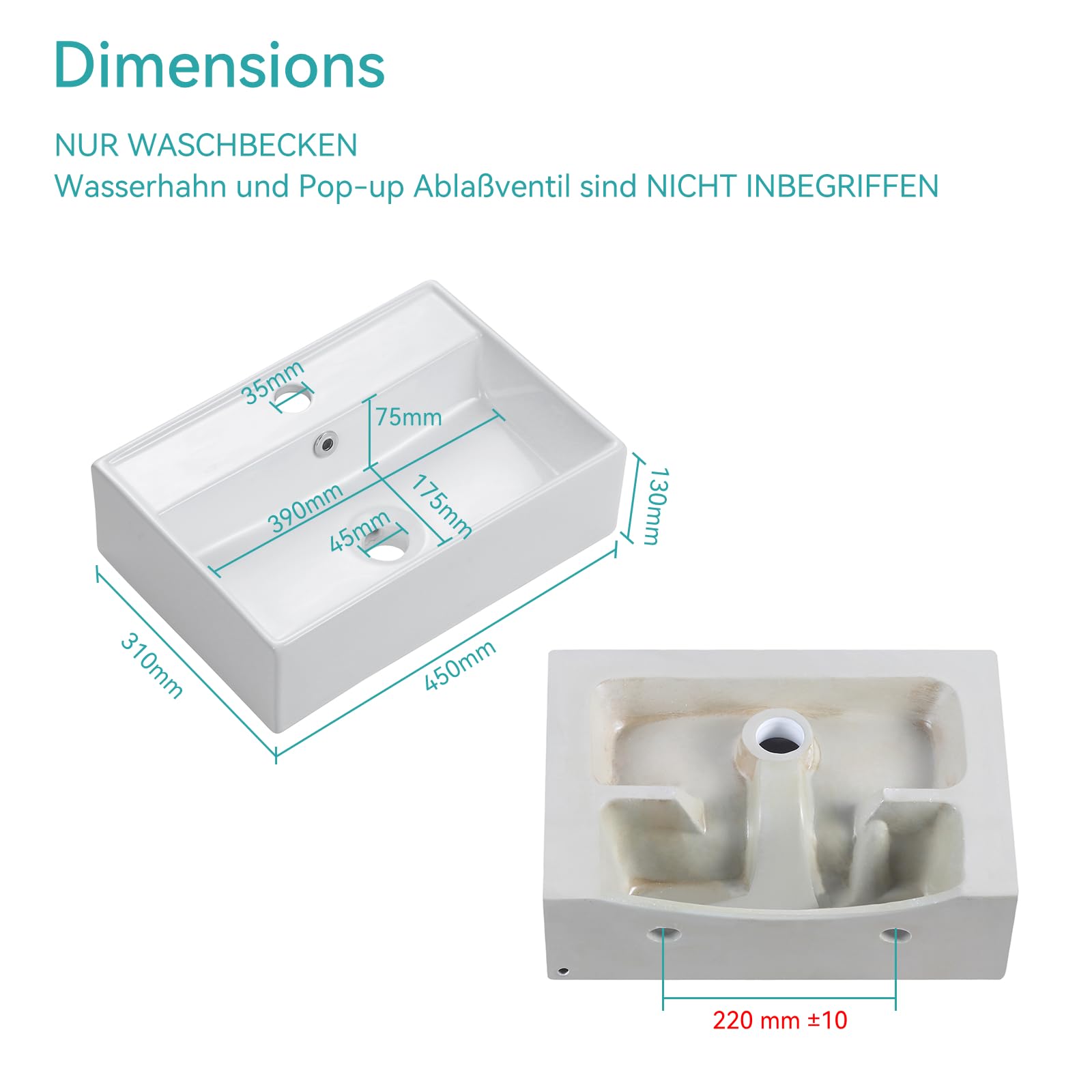Waschbecken 45 cm Breit Eckig, Aufsatzwaschbecken mit Überlauf, Kleine Waschbecken Gäste WC, Hängewaschbecken Bad aus keramik in Weiß, Mini Waschtisch mit Rand