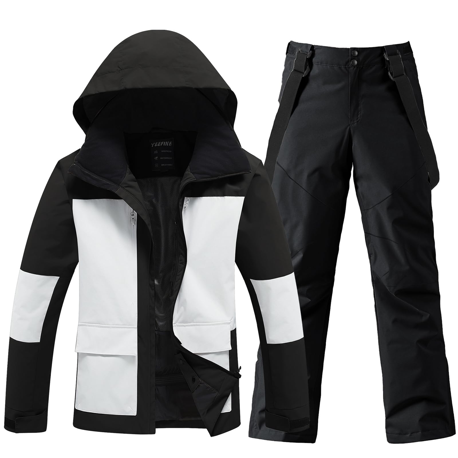 HOTIAN Set giacca e pantaloni da sci da uomo, traspirante, impermeabile, antivento, con cappuccio rimovibile, set da snowboard