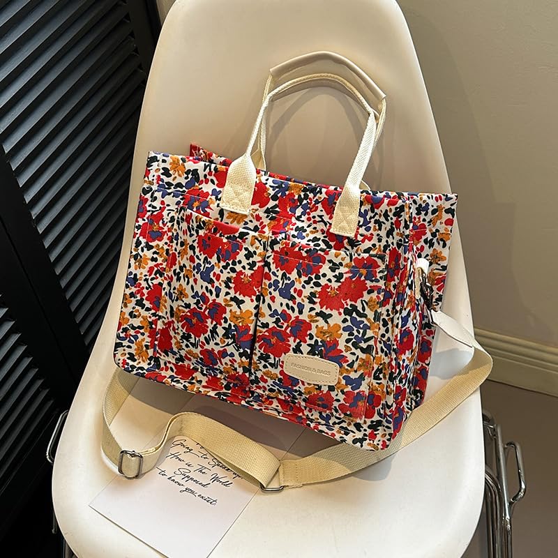 Image of Cherry Tote Bag for Women Canvas Patched Purse Cute Shoulder Bag Multi-Pocket Satchel Handbag for work travel
