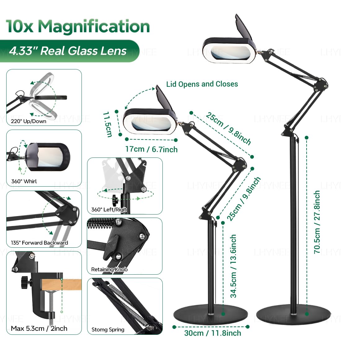 10X Lampada Lente d'Ingrandimento su Piedistallo, 2 in 1 Lampada Lente d'Ingrandimento, Lampada da Scrivania con 5 Modalità di Colore, Lente d'Ingrandimento Luminosa per Lettura, Riparazione