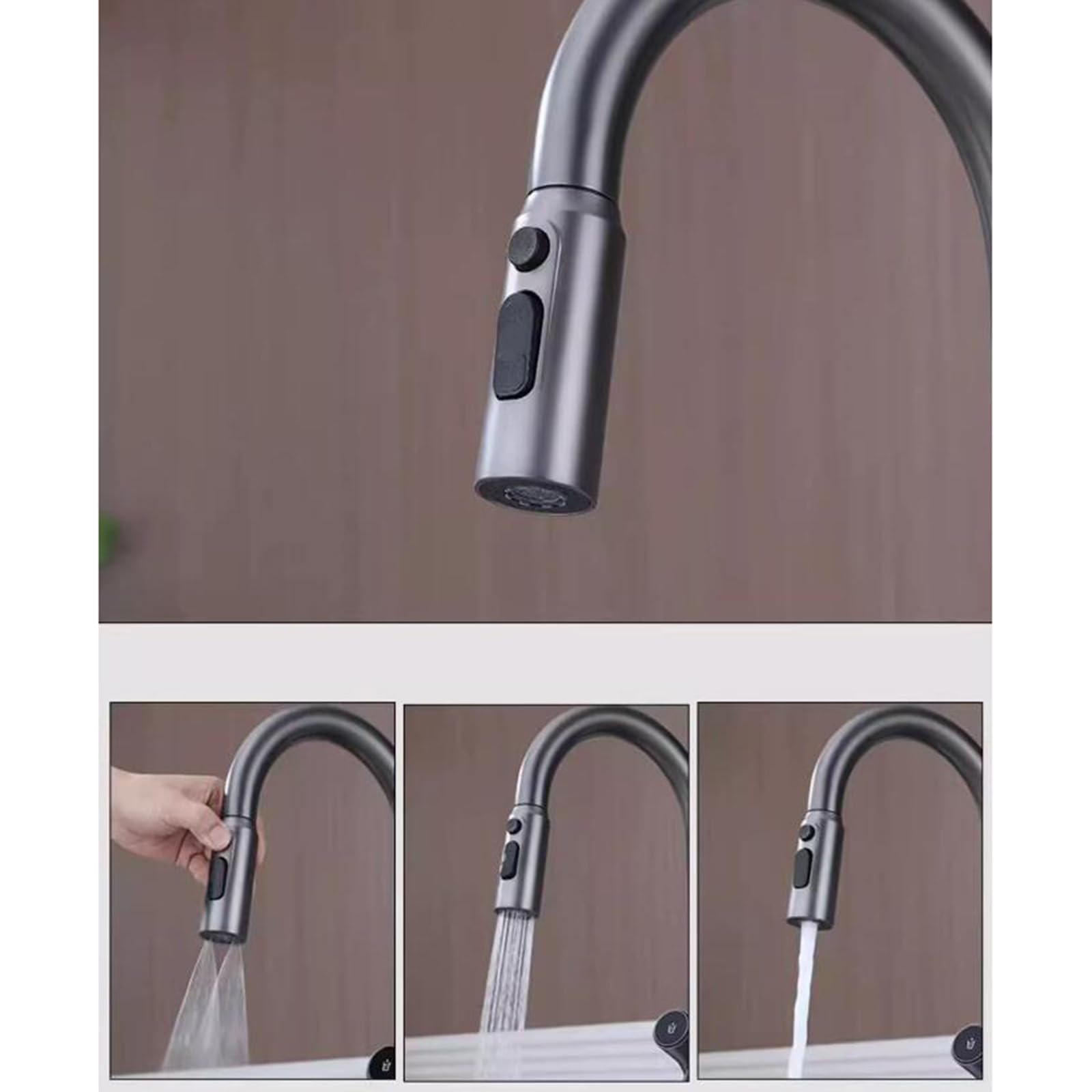 Grifo Cocina 3 Vias Osmosis Extraible Acero Inoxidable Cepillado Grifo de Cocina Un Solo Orificio Agua Fría y Caliente Agua Purificada-Cepillado