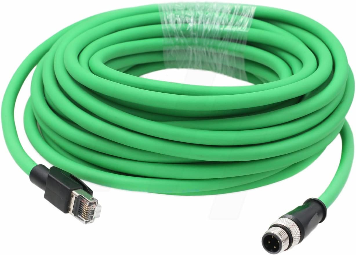 Cable Ethernet M12 de 4 pines a RJ45, 20 m, PoE para transmisión de datos y alimentación, conector M12 D-coded, apantallado, uso industrial