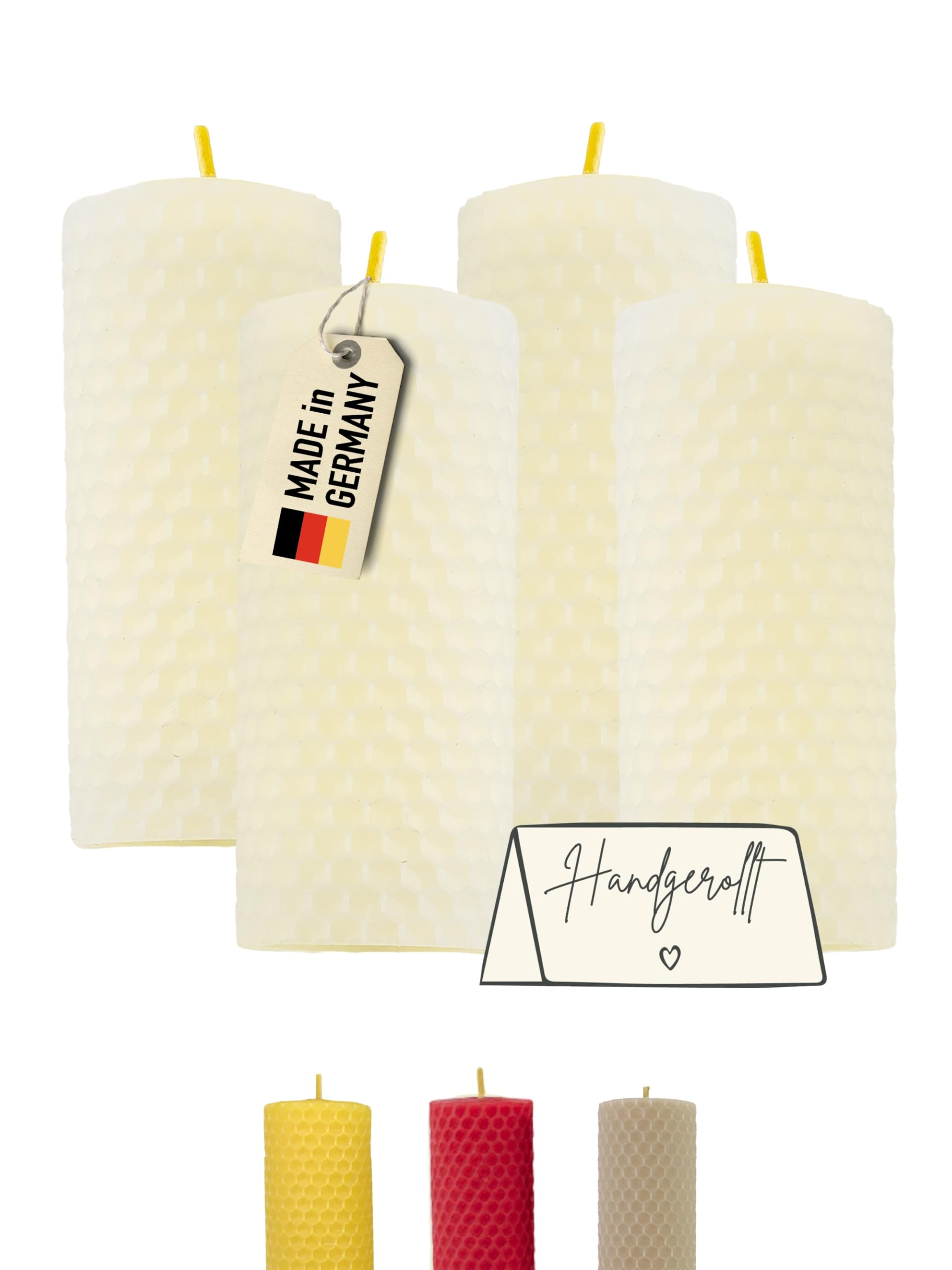Candele a colonna Wachsmann Pasqua, set da 4, 100% cera d’api, arrotolate a mano, prodotte in Germania, candele di miele con 6 ore di combustione ciascuna