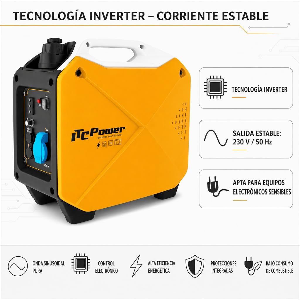 ITCPower Generador Eléctrico Inverter 1800W Silencioso para Uso Profesional y Doméstico - Generador Gasolina Eléctrico Portátil con Motor 4 Tiempos - Inverter Bajo Consumo y Energía Estable