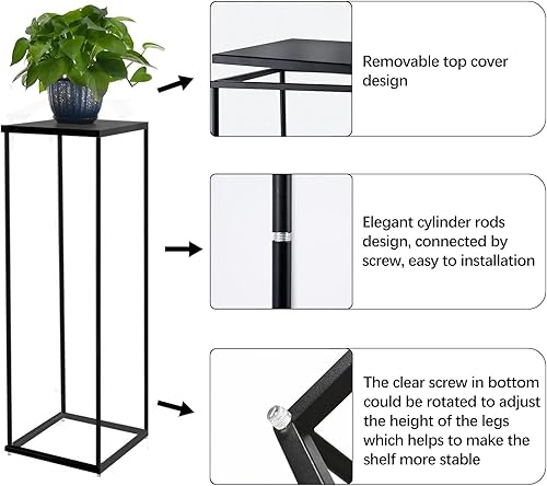 Miniatura 6 de Soporte alto negro para plantas de interior, soportes de metal para plantas de sala de estar, decoración del hogar, juego de 3 cuadrados, 23.4 y