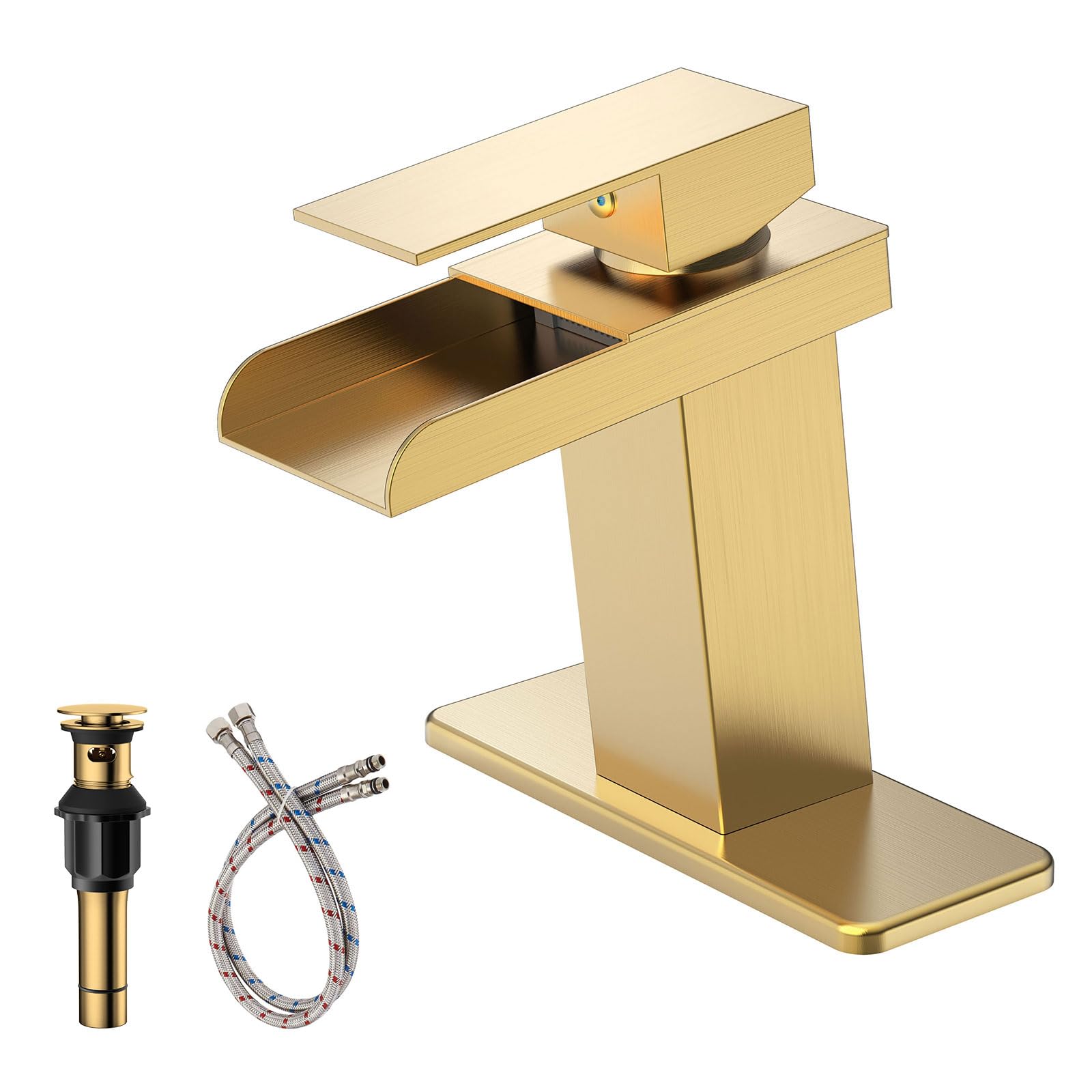 Gold Bathroom Faucet Waterfall Single Hole Sink Brushed Gold Single Handle with Pop Up Drain with Overflow Vanity Lavatory Mixer Tap Modern Deck Mount
