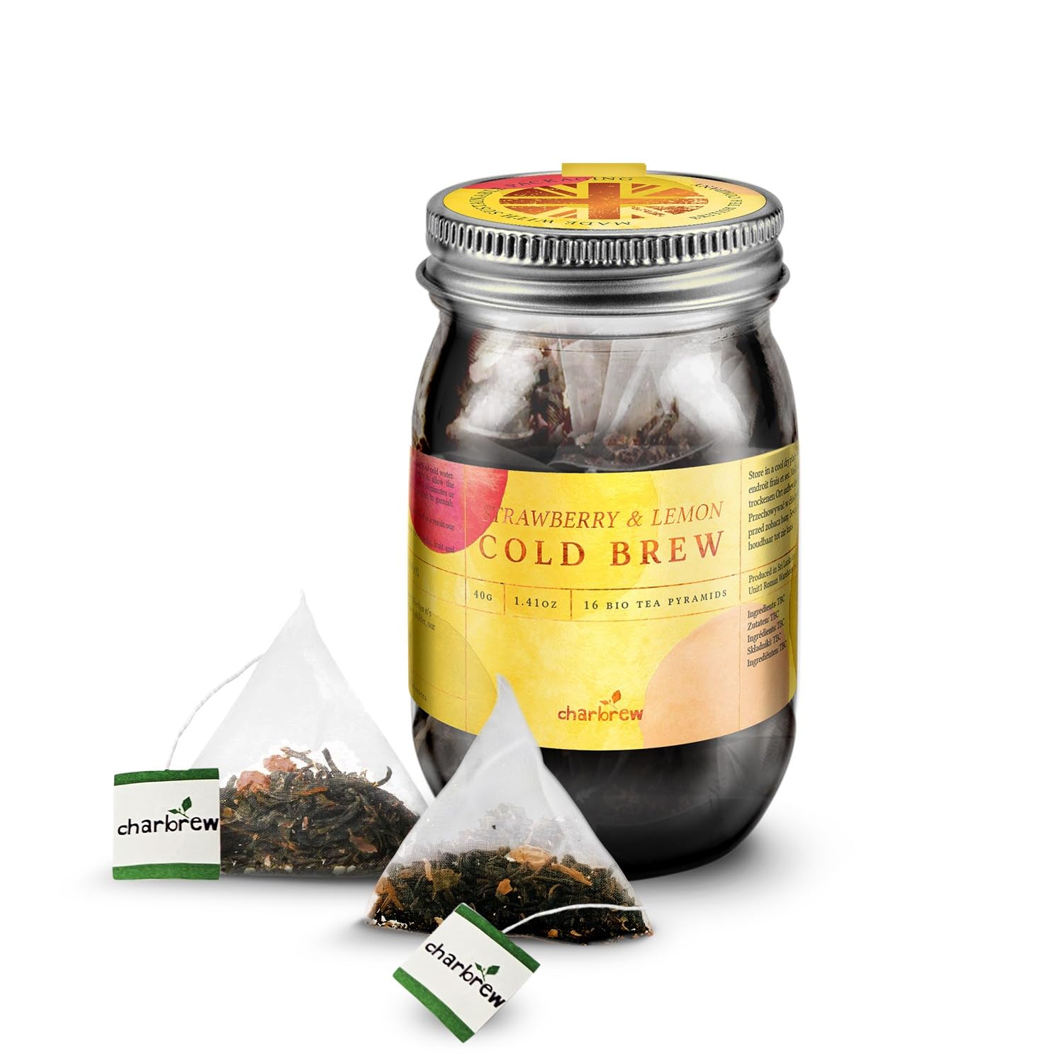 CharbrewStrawberry & Lemon Cold Brew Tea Blend – 16 Compostable Fine Mesh Pyramid Teabag Infusers with String & Tag in Reusable Glass Mason Jar Premium Tea from Sri Lanka 40g/1.14oz
