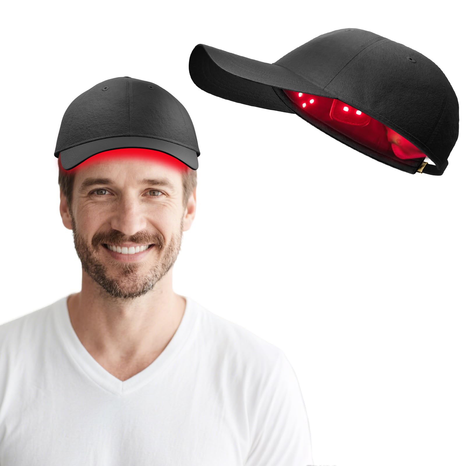 CWTUL Laser Hair Growth Cap, showing the black cap from the outside and the inside with red laser diodes.