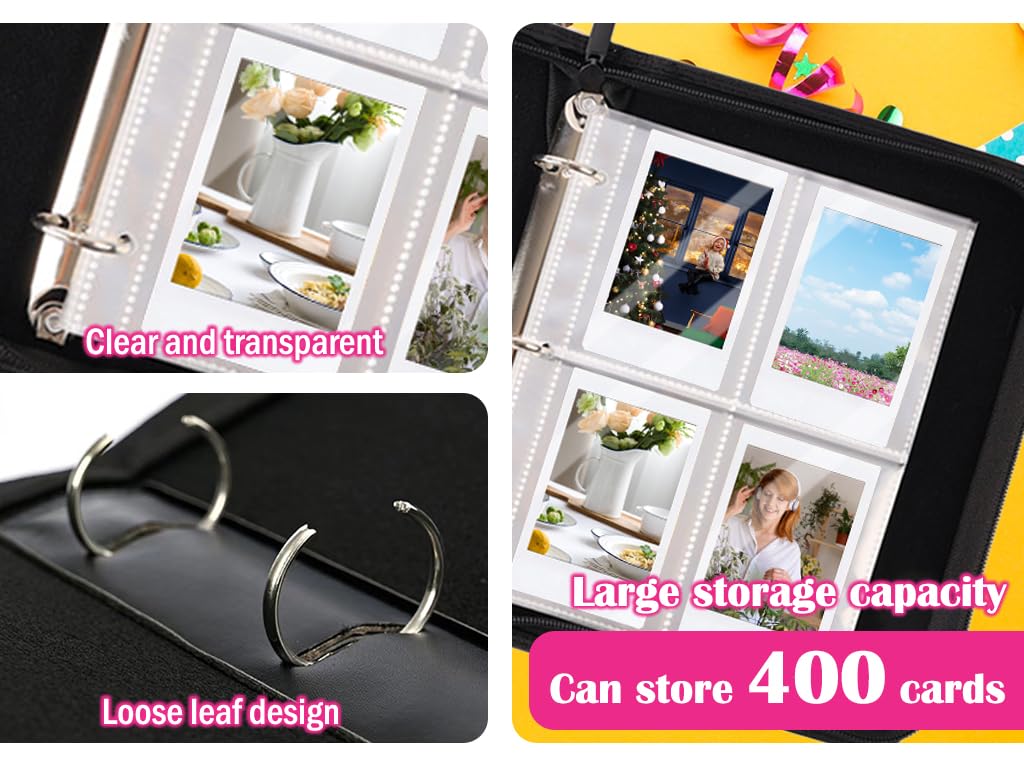 Anlising Raccoglitore Per Carte Collezionabili Con 400 Tasche – Album In Pelle PU Con Cerniera E Cordino – Ideale Per Carte Da Gioco E Adesivi, Nero