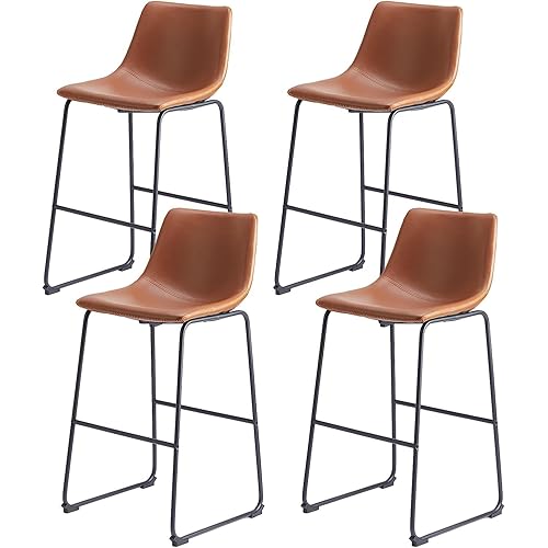 Sweetcrispy Counter Height Bar Stools Set of 4, Modern Counter Stool Faux Leather Barstools with Back, 26 inch Seat Height Island Stools Countertop Comfortable Brown Bar Chairs with Metal Legs