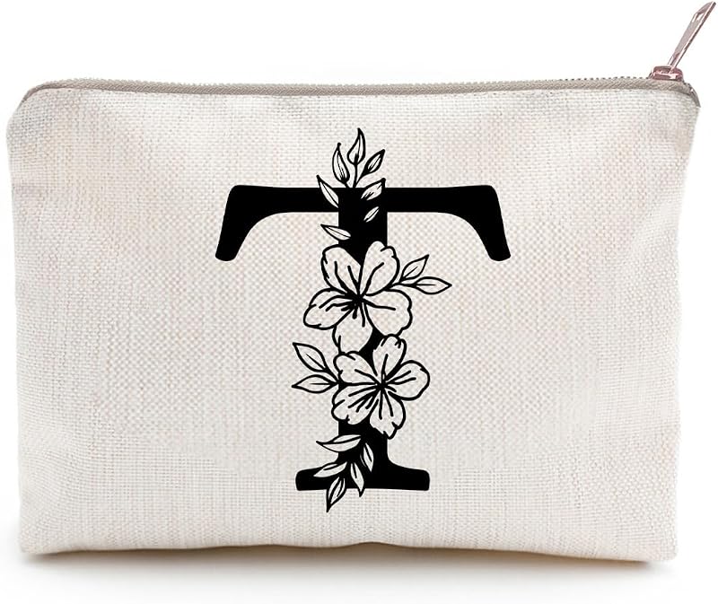 Necessaire de maquiagem floral LICOBG com monograma personalizado, fechamento por zíper, tom T