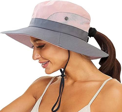 Miniatura 7 de Sombrero de sol para mujer con protección UV, malla plegable de ala ancha para exteriores, verano, playa, pesca, con agujero para cola de caballo