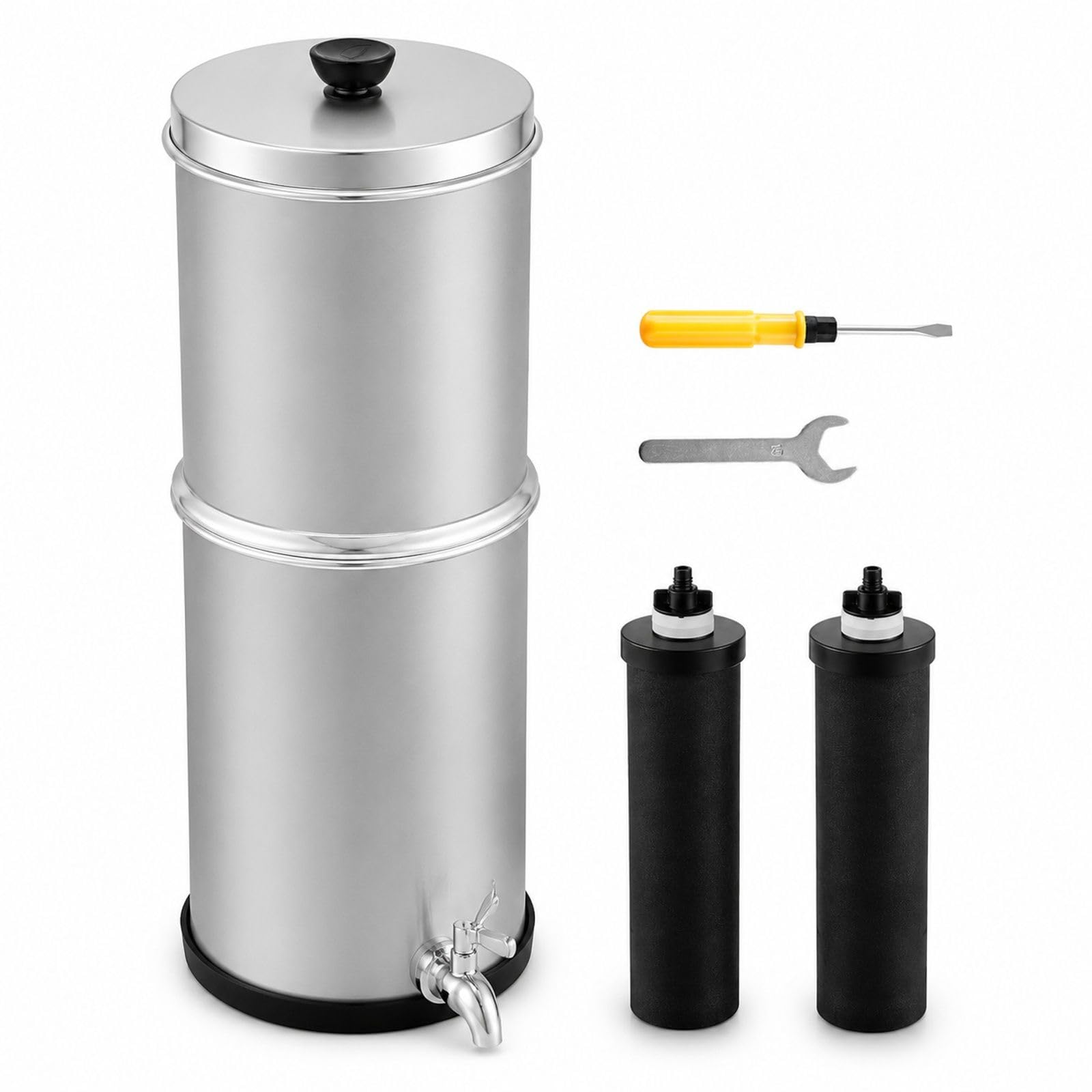 Grawitacyjny system filtracji wody, stal nierdzewna, model blatowy, górna komora 7 l, dolny zbiornik 8,5 l, 2 wkłady węglowe, kranik, kemping, kamper, dom