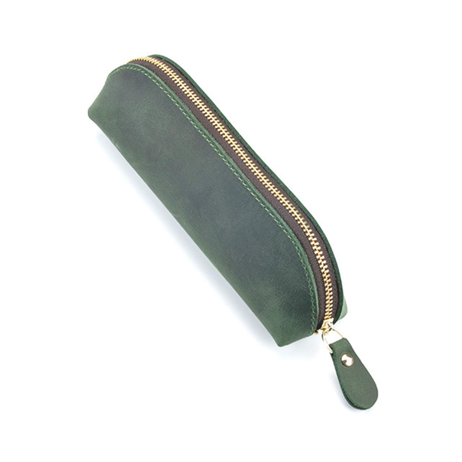 Estuches para lápices, Estuche estacionario de cuero genuino hecho a mano Estuche para lápices de cuero vintage, Estuche para lápices con cremallera Caja de almacenamiento para bolígrafos (Verde osc