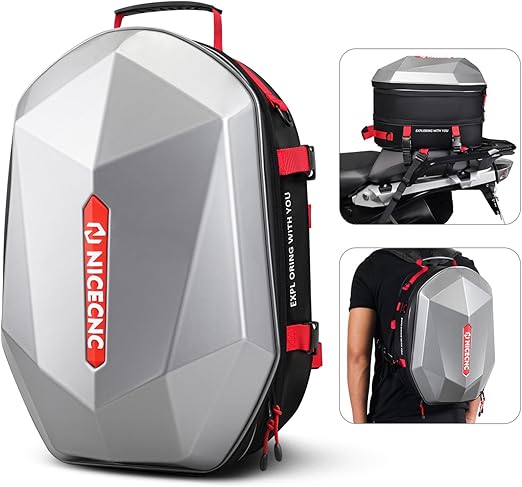 NICECNC Motorcycle Helmet Backpack Hardshell, 38L Large Capacity Motorcycle Rear Seat bag Tail Bag Expandable Motorcycle Helmet Storage Bag Travel Luggage Bag for Riding Camping Hiking, 8 Straps, Red
