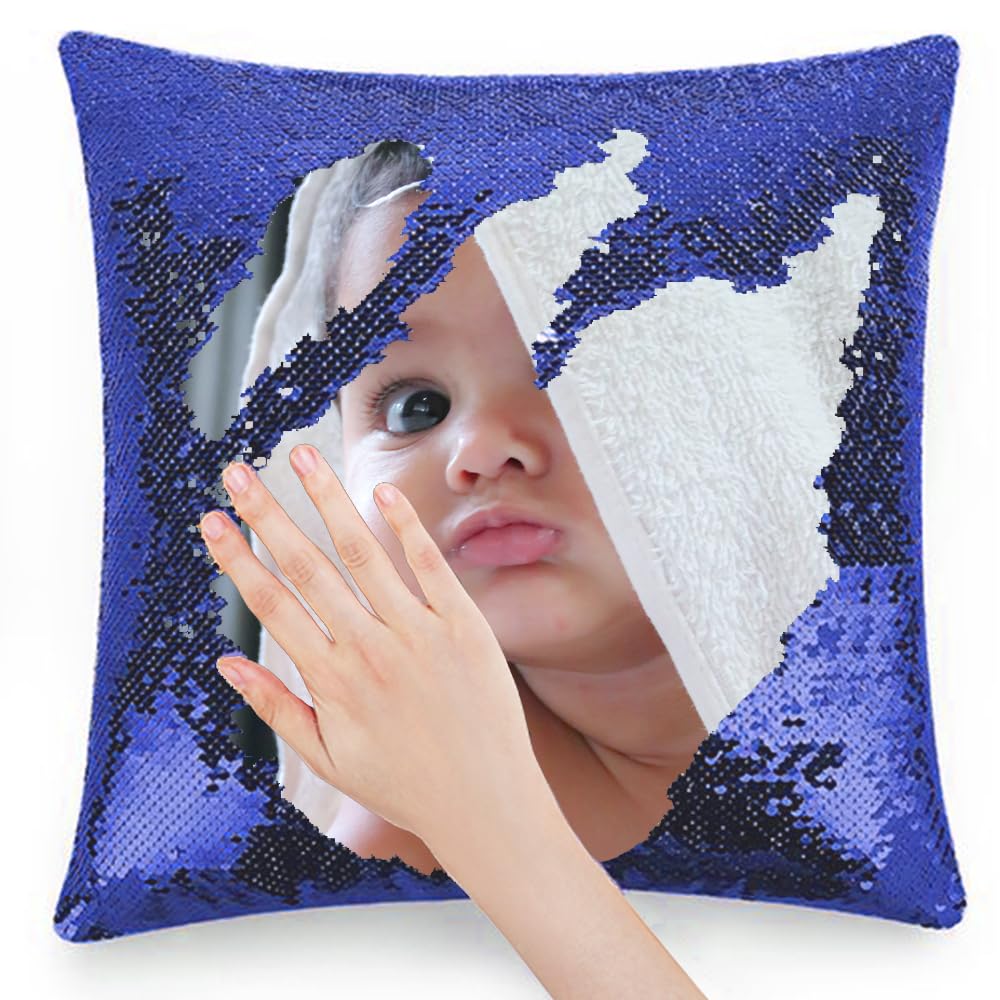 Custom DIY Sequin Pillow Cover with Your Photo Personalized Picture Magic Reversible Pillow Case Blue Throw Pillowcase for Christmas Birthday Perfect Home Decor Gift 18x18 Inches
