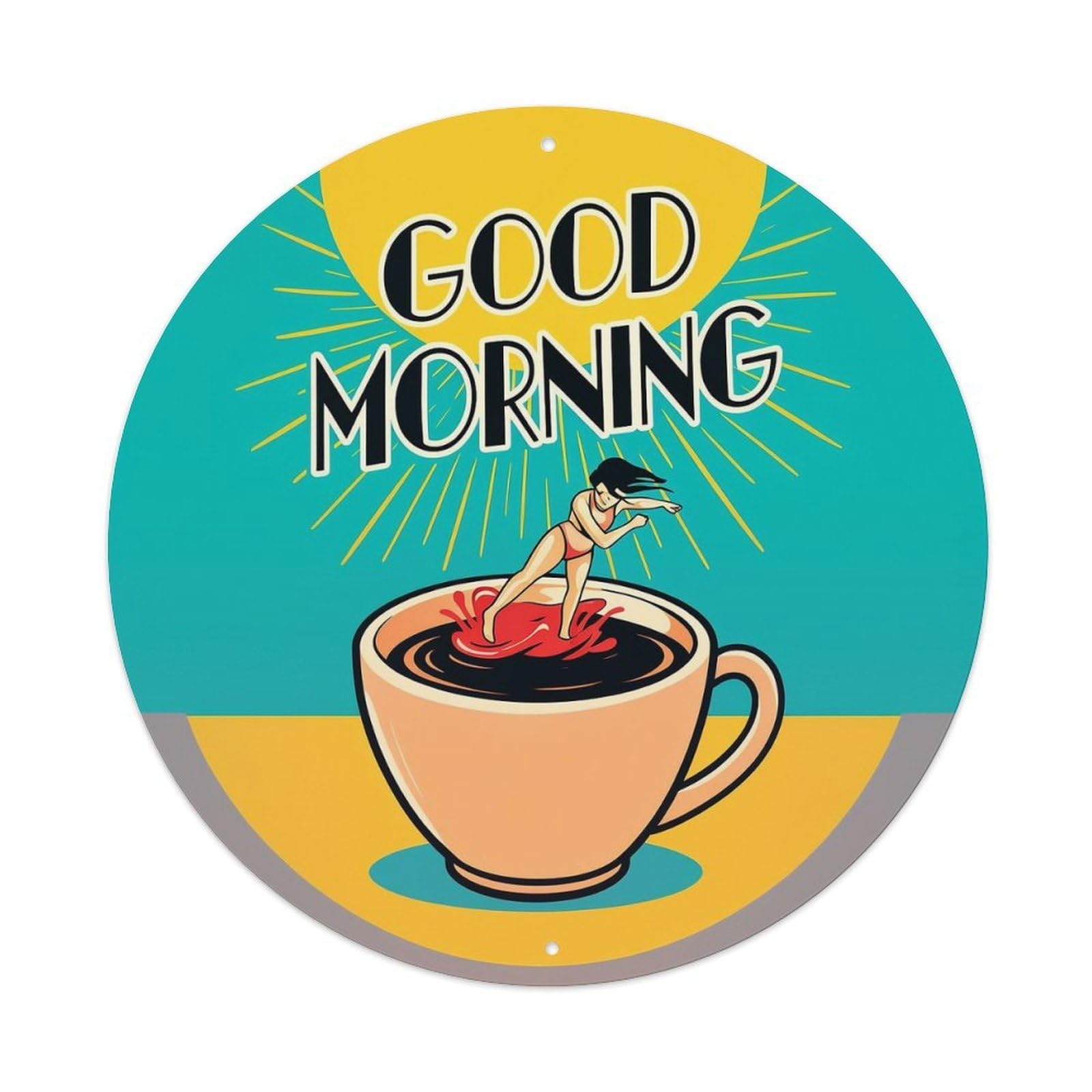 Good Morning Coffee Dancer Sunburst Vintage Round Tin Sign Retro Metal Wall Decor Metal Poster, Home Bar Garage Cafe Wall Art Decoration 8x8Inches