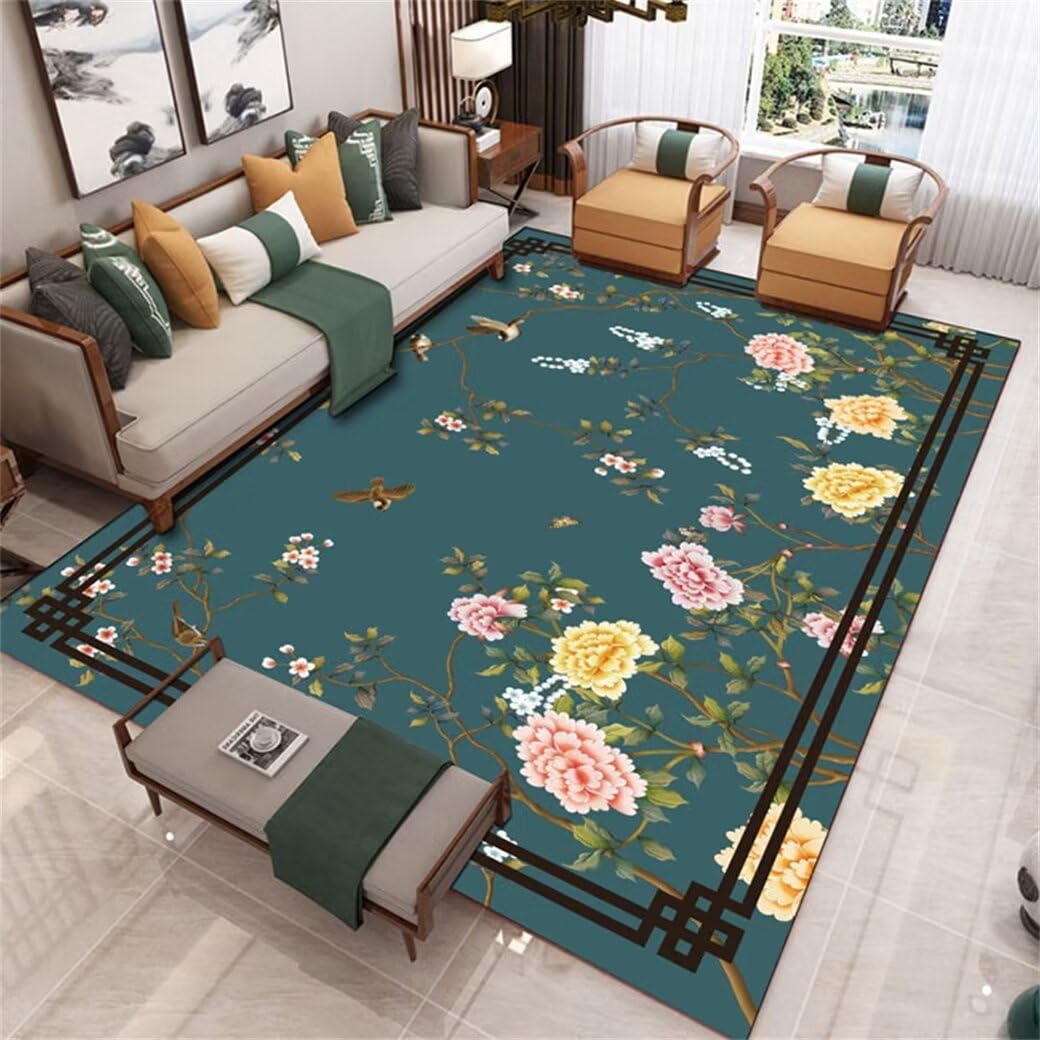 Tapis oriental vert 140x200 motifs classiques oiseaux pour salon