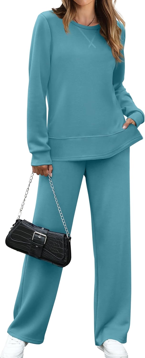 OFEEFAN Women's 2 Piece Lounge Set Travel Airport Outfits Side Slit Tracksuit Wide Leg Loungewear Baggy Comfy Sweatsuit S-3XL