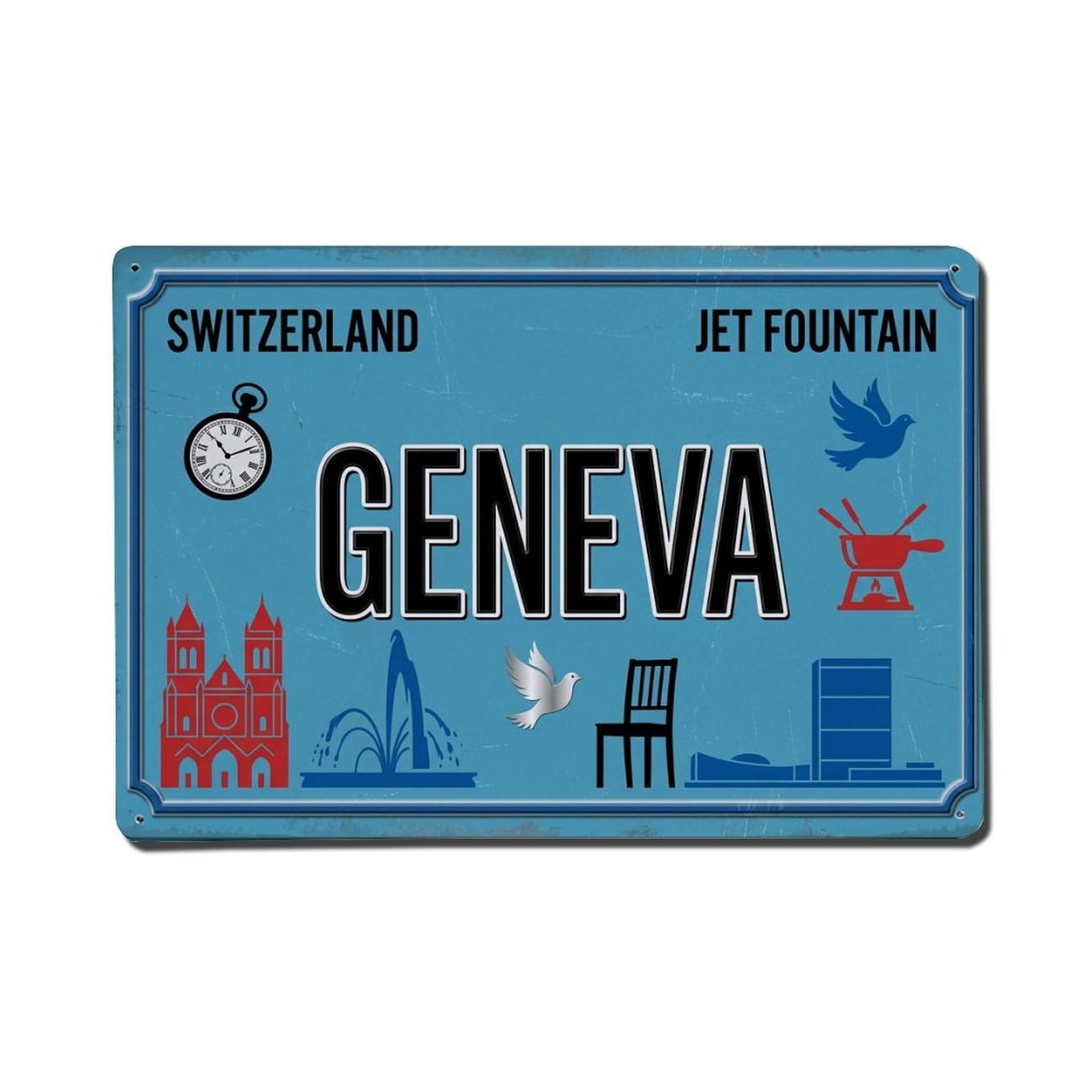 Vintage Travel Geneva Switzerland Jet Fountain Watch Metal Tin Sign