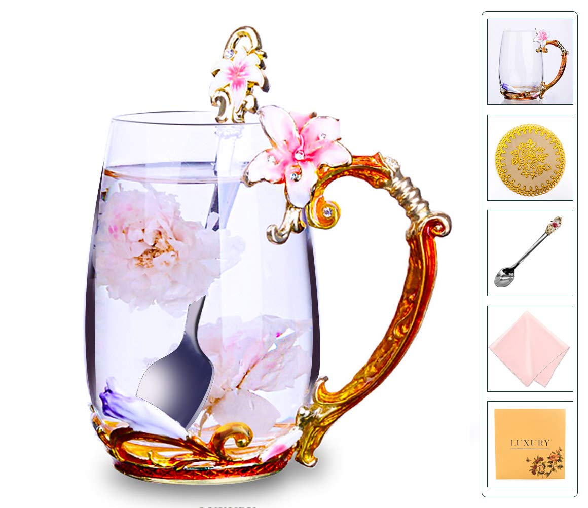 Flower Tea Cups, Unique Coffee Mugs, Glass Mug with Spoon Set, Handmade Lily Mother's Day Gifts - Newlyweds Christmas New Year Anniversaries Parents Weddings Engagements Couples Gifts (13oz, Pink)
