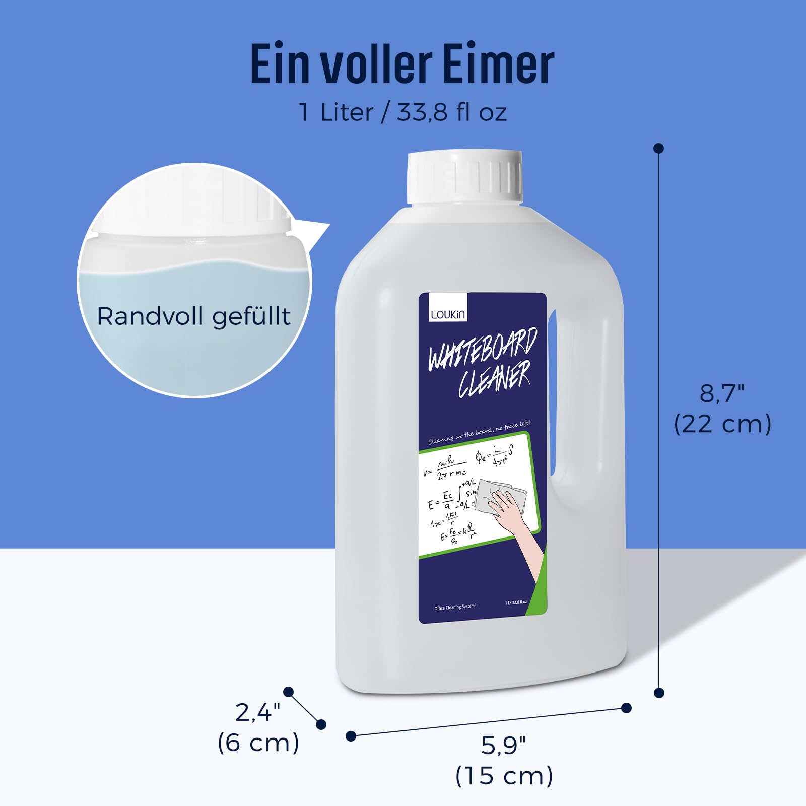 loukin Whiteboard-Reiniger 1 L Nachfüllflasche, mit faltbarem Silikontrichter, Trocken abwischbares Reinigungsspray, entfernt hartnäckige Flecken, ungiftig und geruchsarm