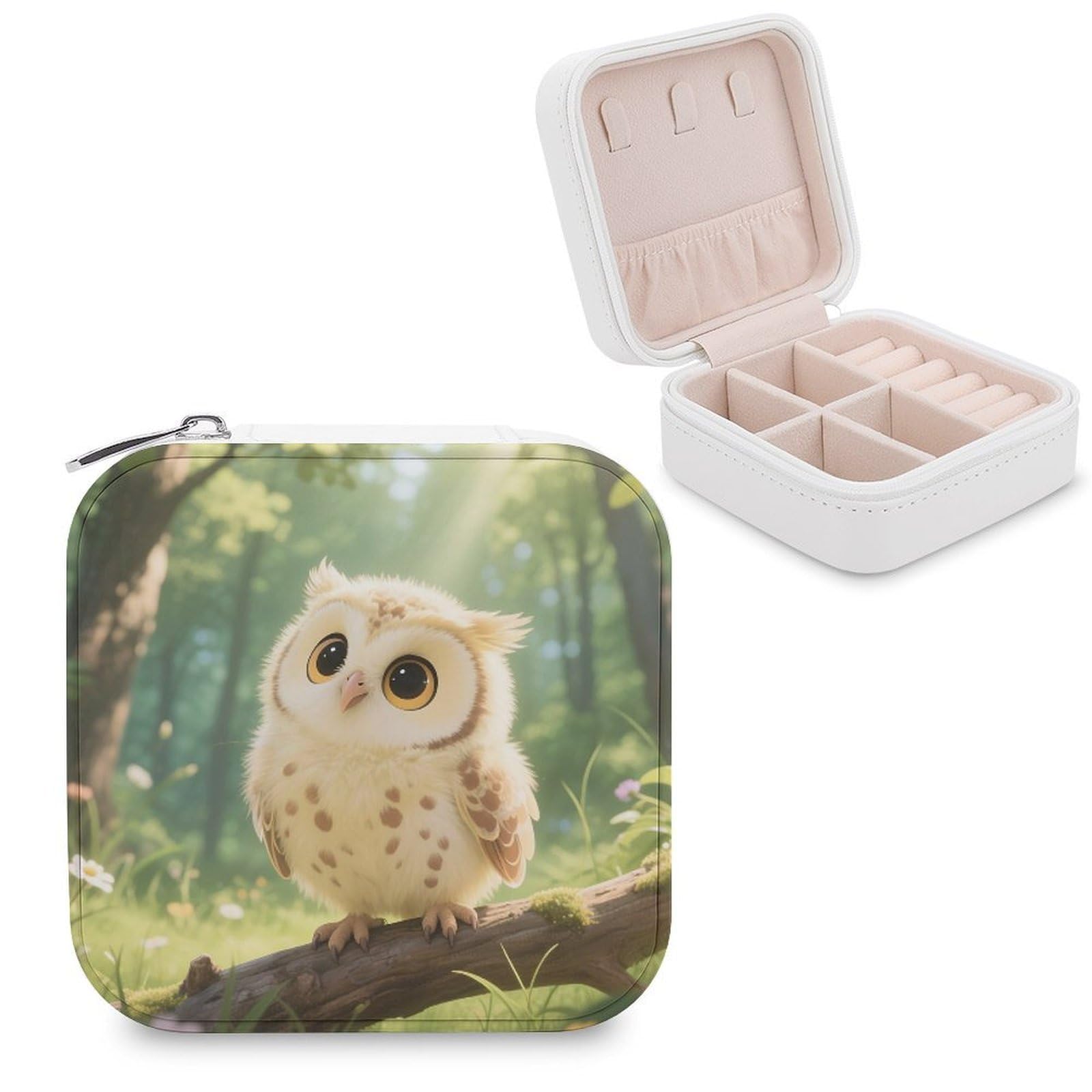VstaDank Cute Owl Cub Jewelry Box for Women Jewelry Organizer Storage Case with Zipper Mini Travel Jewelry Case Cute Trinket Organizer Leather Portable Jewelry Storage Box