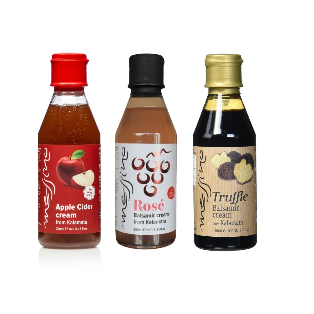 Messino Greek Balsamic Creams Set – Apple Cider, Truffle & Rosé, 3 x 250ml | Artisan Mediterranean Vinegars from Messinia | Naturally Flavored, Gourmet Dressings for Salads, Meat & Pasta