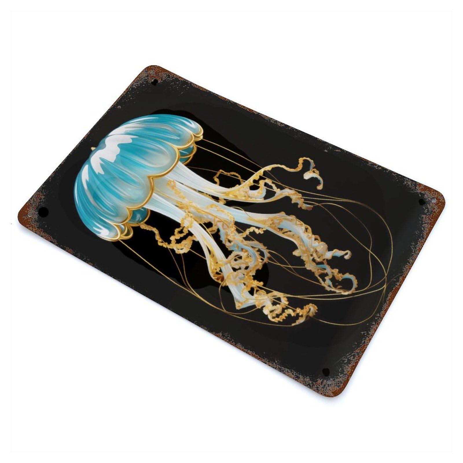 Vintage Rust Metal Sign Glass Jellyfish Sculpture 11.8"x7.9", Decorative Metal Wall Art for Basement, Hobby Room And Garage Decor