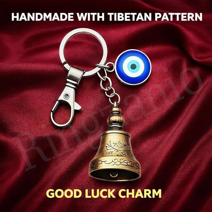 Image of Guardian Bell Keychain for Bike and Car | Tibetan Texture Bell Keychain with Evil Eye | Good Luck Charm Bell | Ghanti for Bike | Guardian Bell | Gift for Men | Protection Charm | Gift for Rider