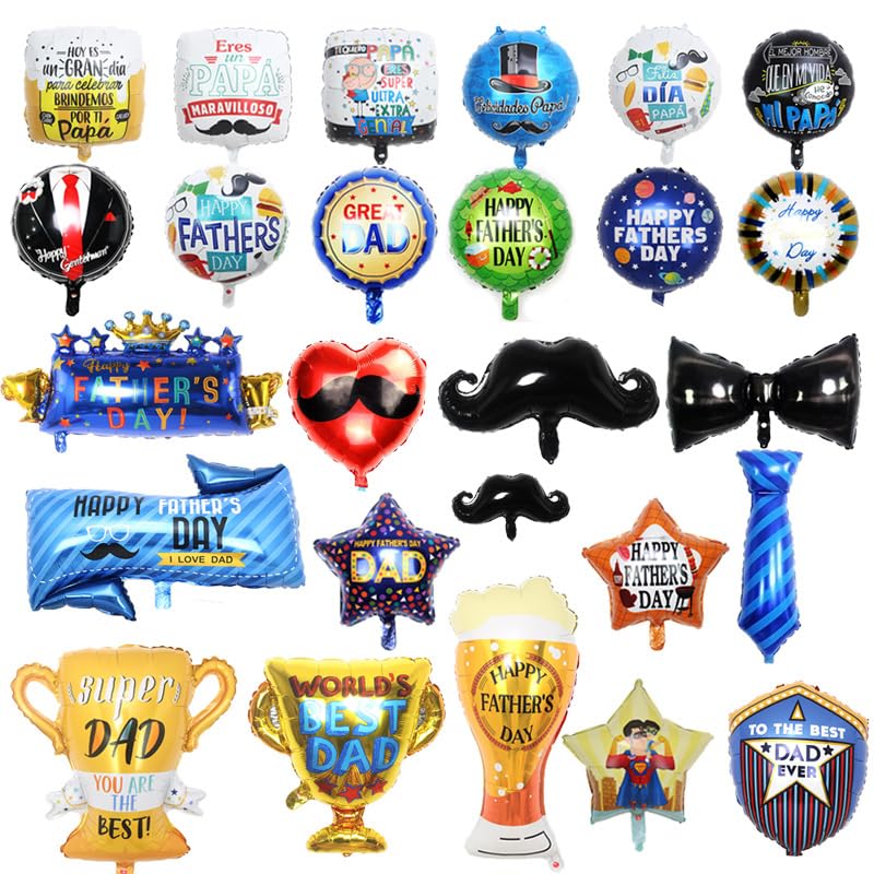 SYTTNUM 20 Piezas Globos De Aluminio Día Del Padre,Pack De Globos Happy Father's Day,Cerveza Trofeo Barba Globos Para Papá Balloons Cumpleaños Decoración Para Dad