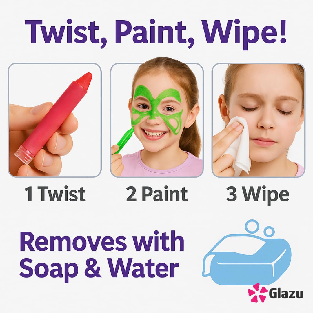 GLAZU Face Paint Sticks for Kids – 6 Neon Bright Colors, Non-Toxic Push-Up Body Paint Crayons, Easy to Apply & Wash, Face Painting Kit for Parties, Festivals, Halloween, Cosplay, Makeup Fun 3