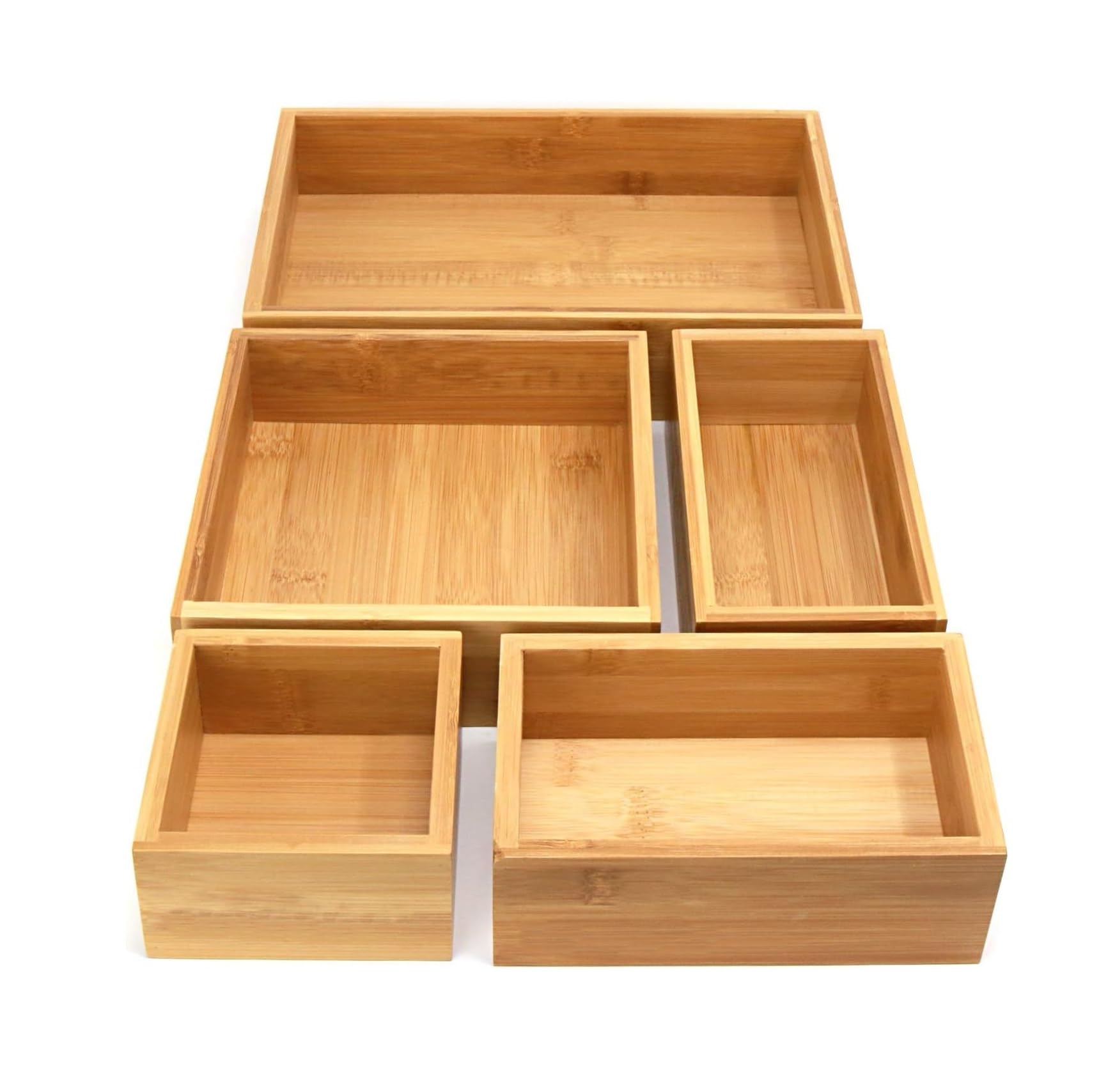 Magna Retail Natural Bamboo Drawer Organiser - Set Of 5 | Stationary Desk Organiser Drawers | 5 Piece Wooden Desk Tidy | Assorted Sizes & Versatile Configurable | Wooden Box Storage Trays