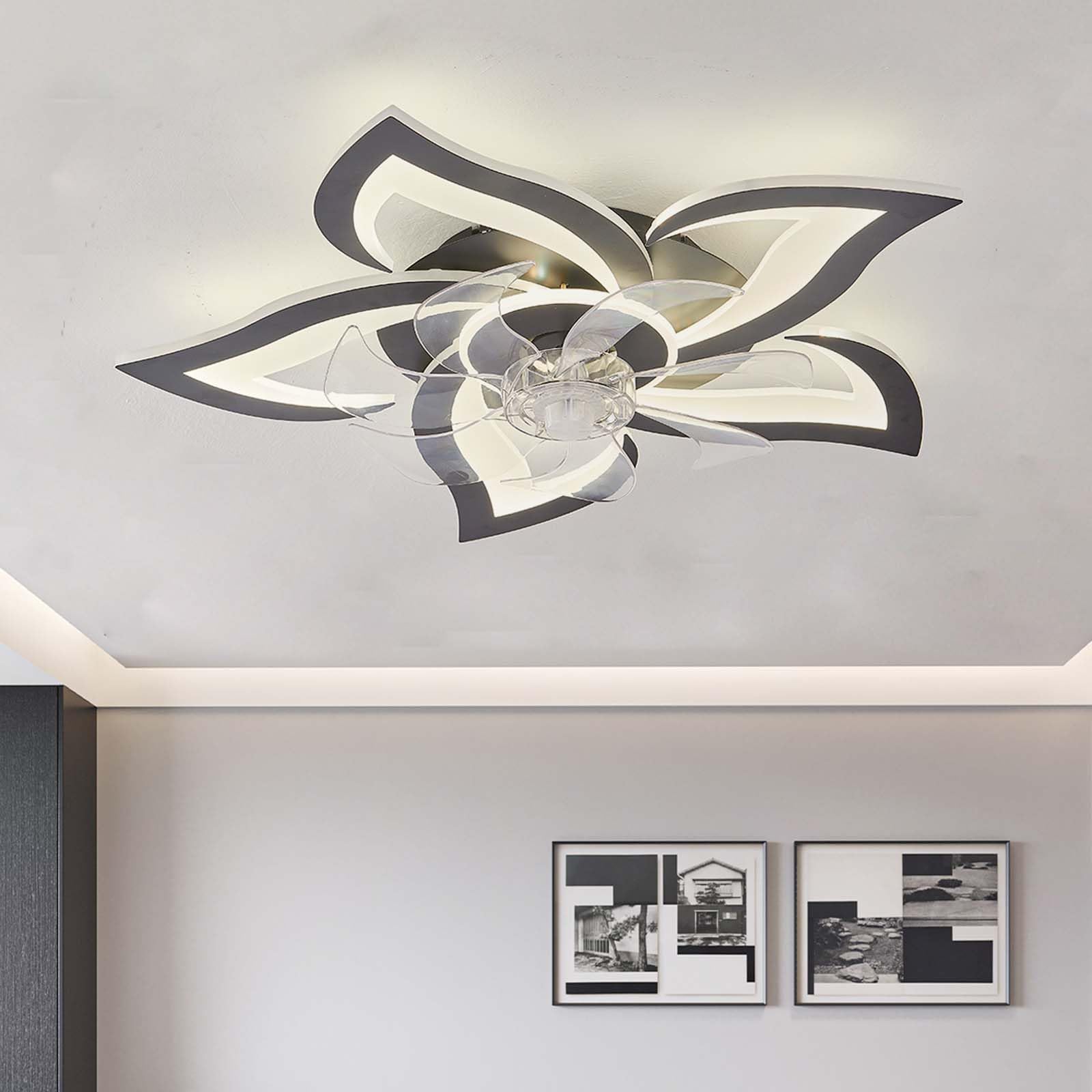 SXDMOUBK Wood Grain Ceiling Fans with Lights and Remote DC Ceiling Fan with Light Summer Winter Reversible 6 Speed Memory Function Dimmable Ceiling Light with Fan Flower APP-Black