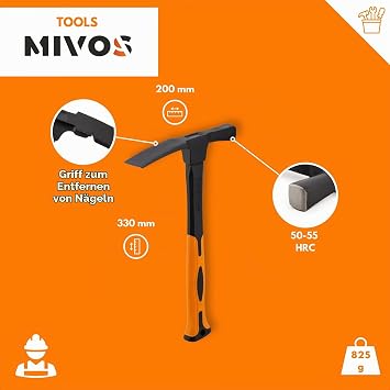 Mivos Mason's Hammer 600 g Head Weight 2K Fibreglass Handle - Berlin Shape - Steel and Fibreglass Hammer - Vibration Damping Rubber Handle - Steel Hammer for Concrete Bricks - DIN 5108