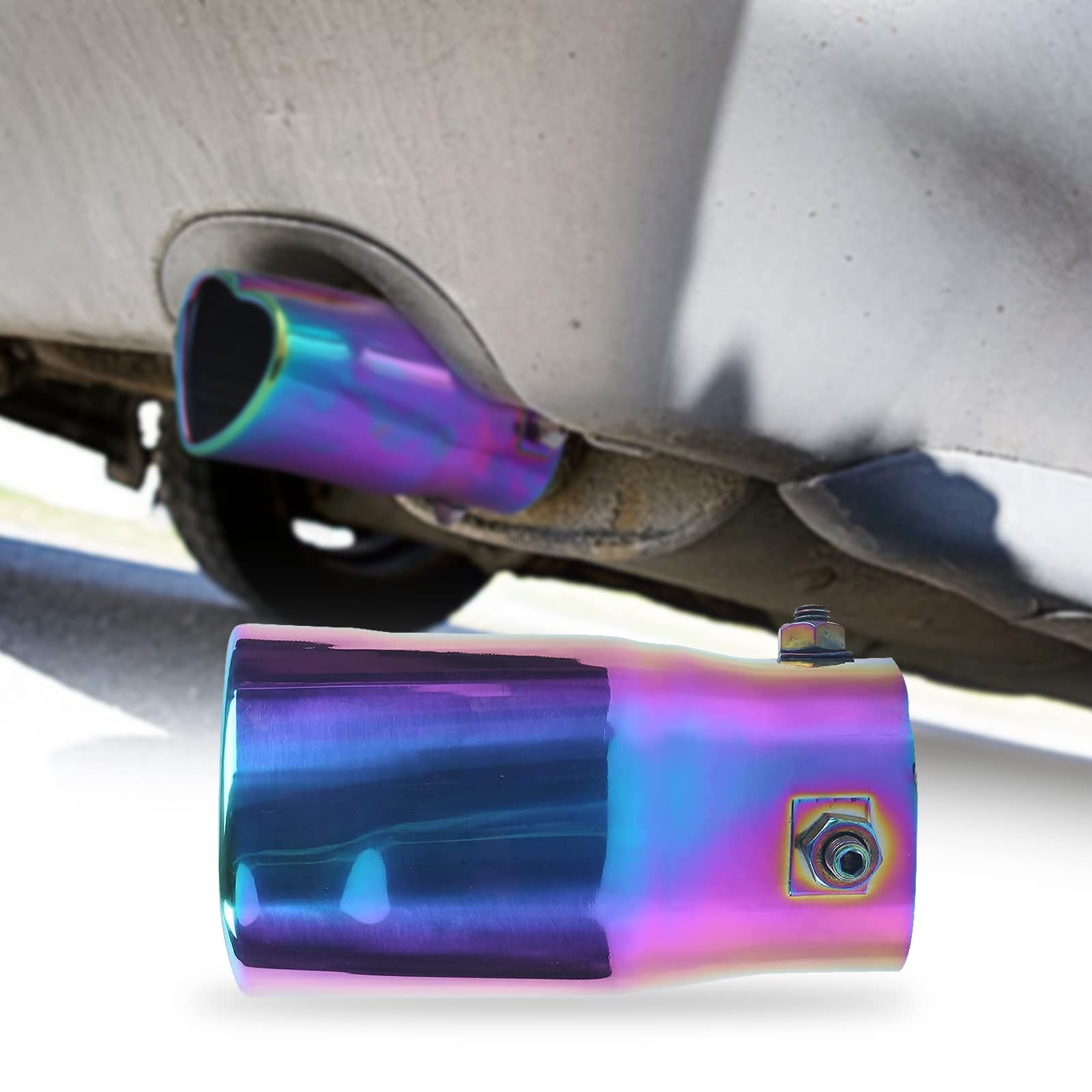 Embouts d'échappement de voiture en forme de cœur universels en acier inoxydable - Couleur arc-en-ciel - Embout d'échappement droit - Entrée de 2,48 pouces - Convient à la plupart des voitures
