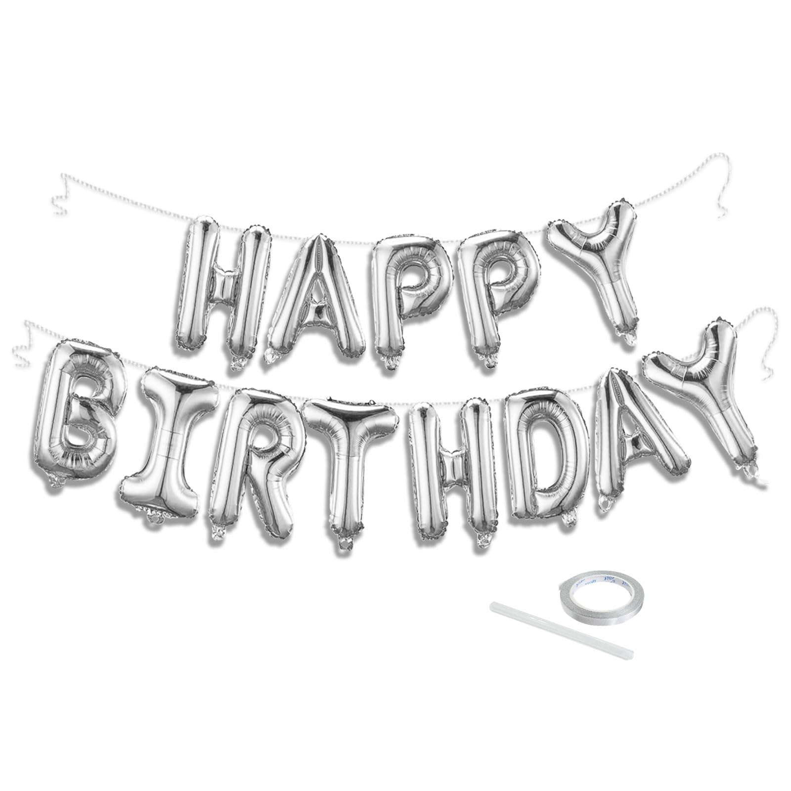 Silver Happy Birthday Balloon Banner Set -16 Inch Foil Letters Balloons, Reusable Birthday Decorations and Party Supplies, Suitable for Men and
