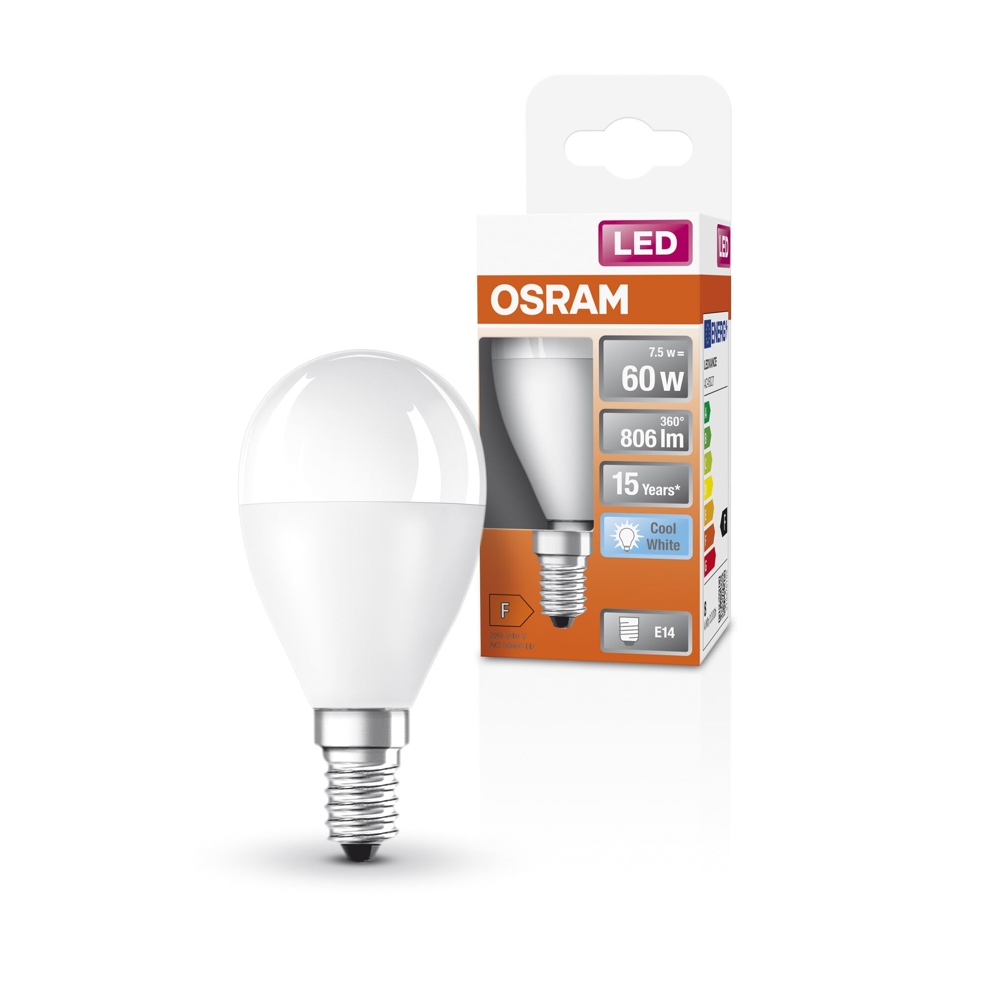 OSRAM Led Star Classic P60 Led Lamp for E14 Socket, Drop Shape, Fr, 806 Lumens, Cold White (4000K), Replacement for Conventional 60W Light Bulbs, Not Dimmable, 6-Pack